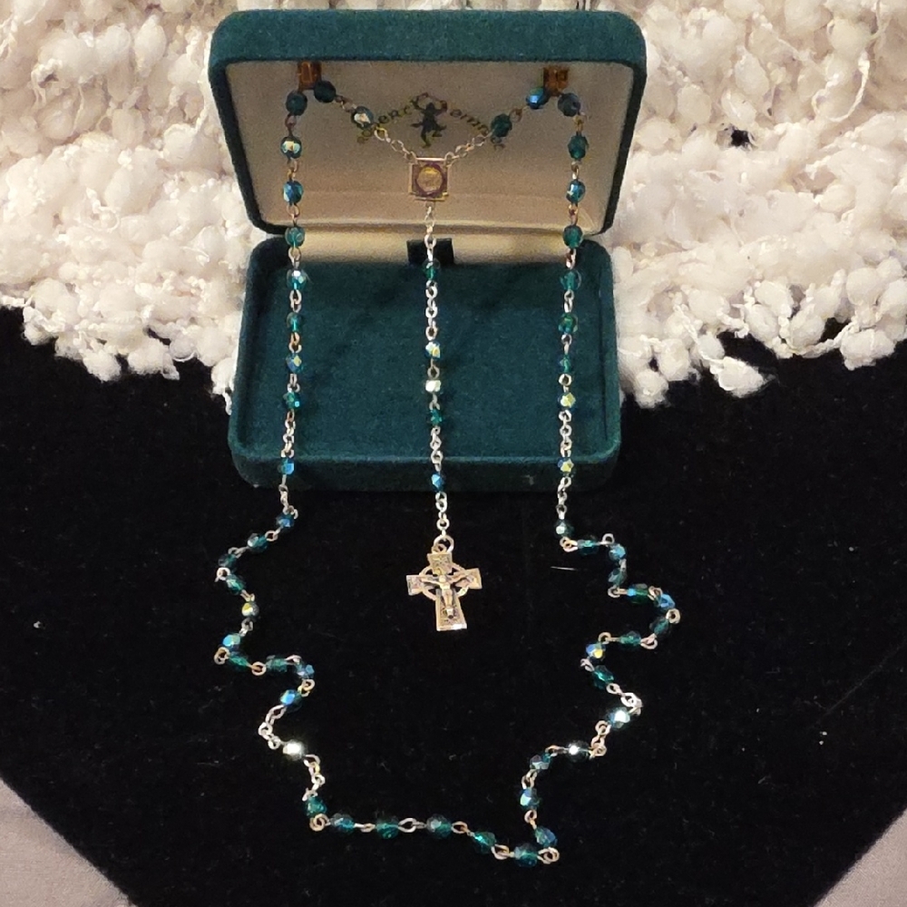 Robert Emmet Rosary Beads Blue Green Iridescent and Silver